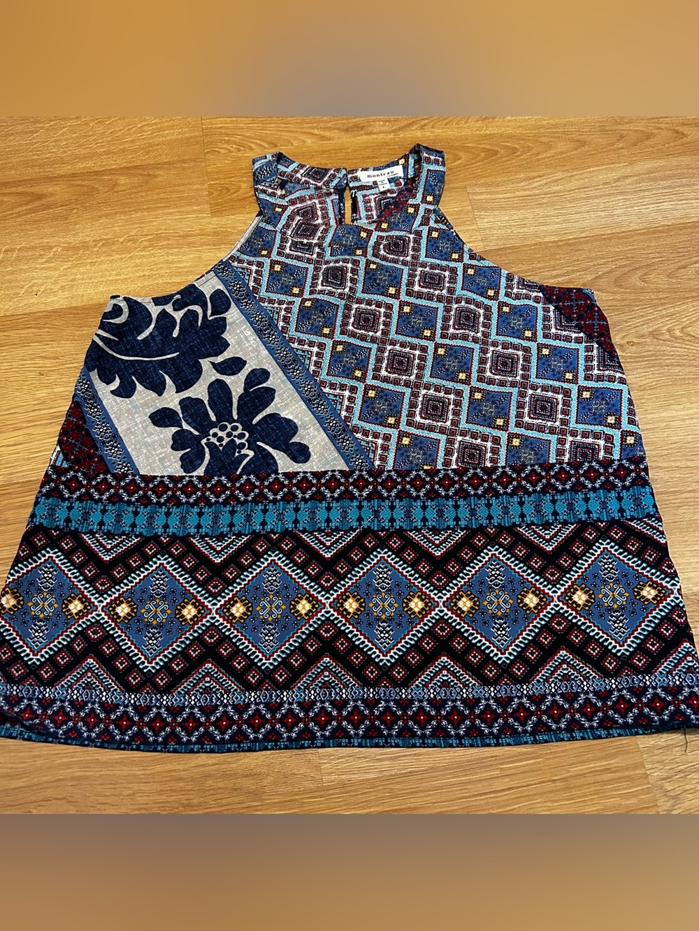 Monteau Blue, Red, Gold Boho Pattern Halter Tank Top